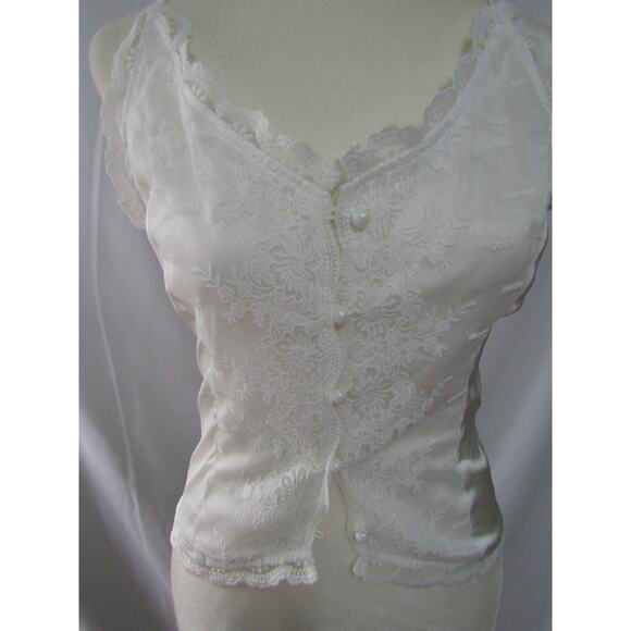 Women’s White Satin Lace Camisole Top Medium Button Front Spaghetti Strap Fairy - Picture 2 of 6